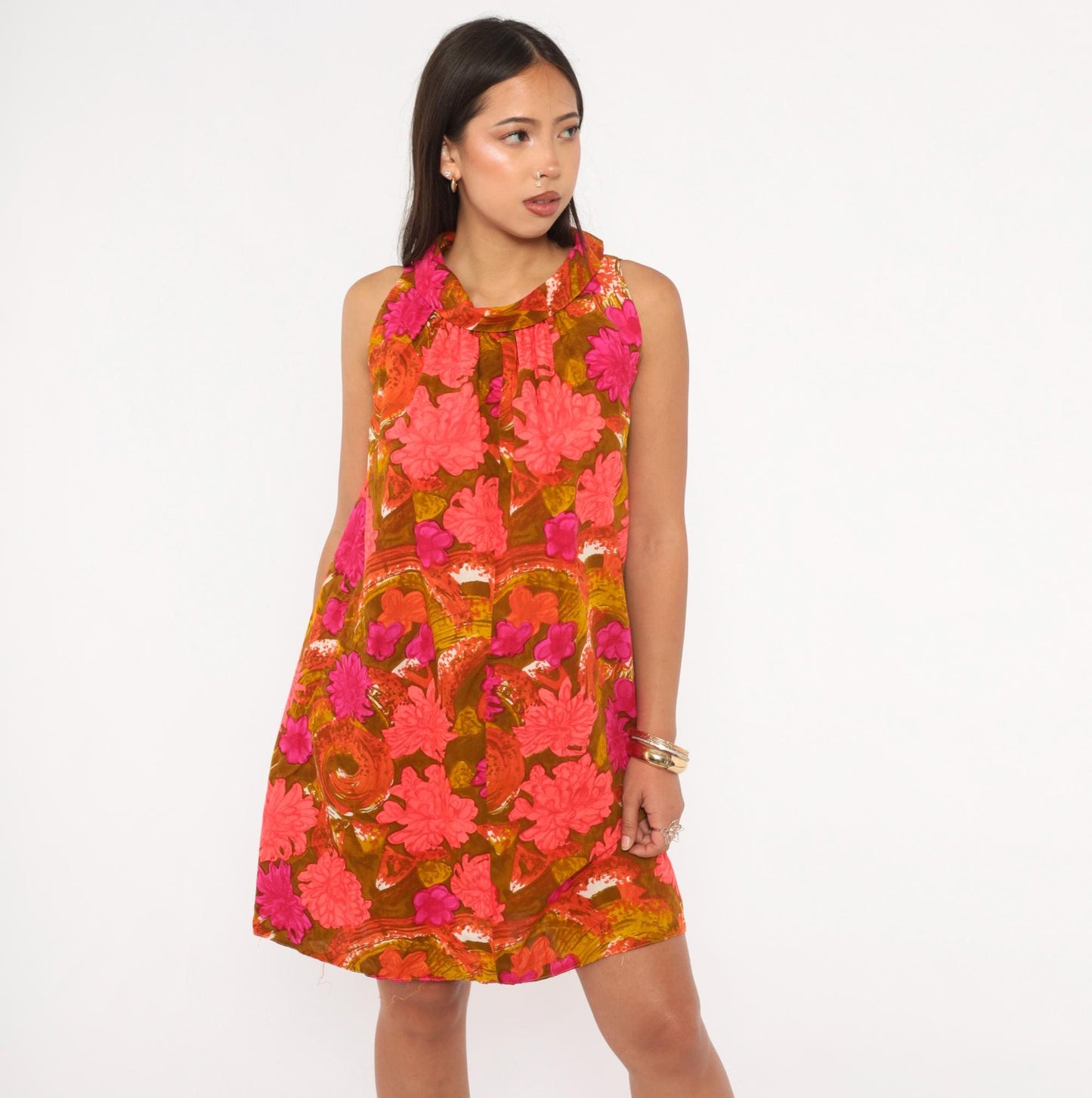 70s Psychedelic Floral Shift Dress Pink Magenta Cowl Neck Mini Cotton Small