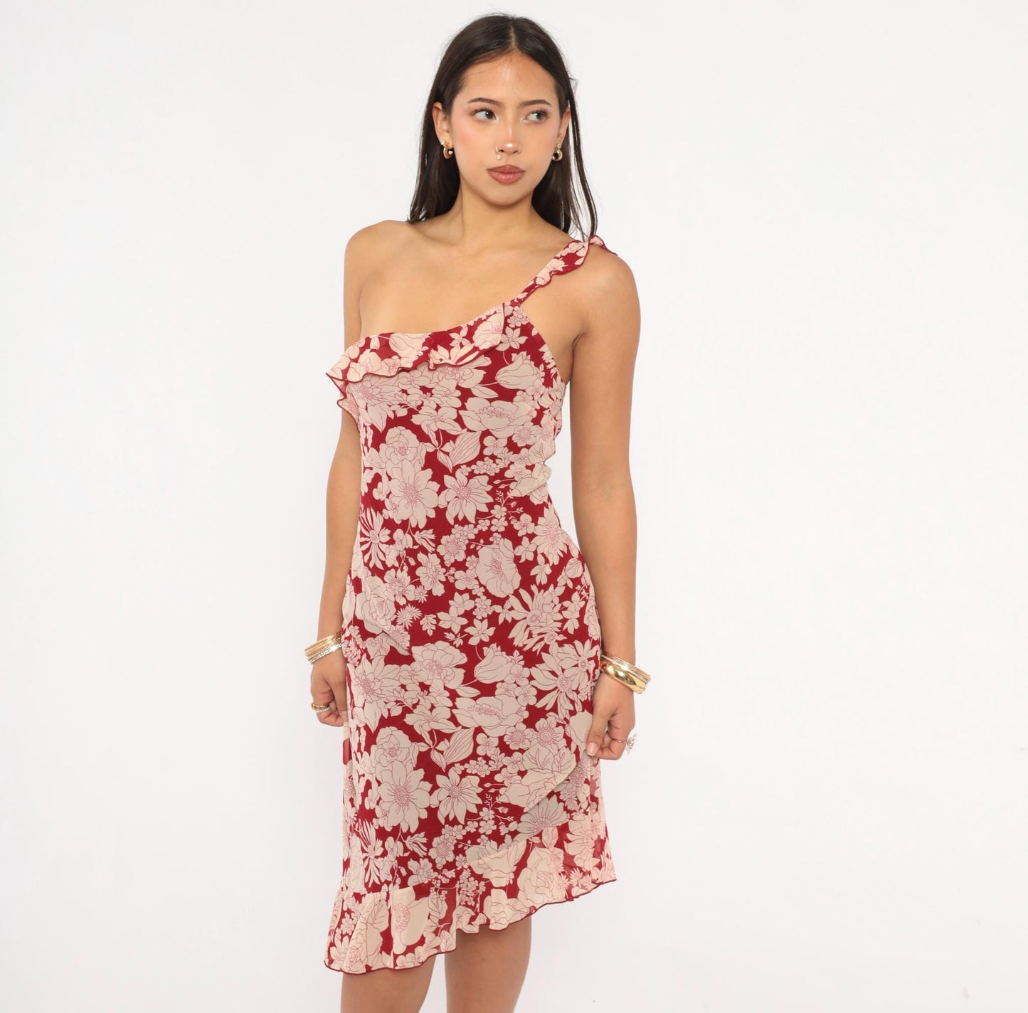 Y2K Debut USA Floral One-Shoulder Dress Red Cream Knee-Length Large L