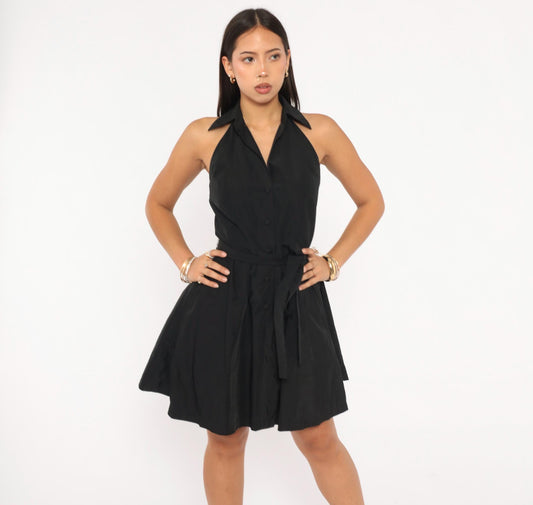 Calvin Klein Halter Mini Dress Black Button Front Open Back Tie Waist Extra Small XS