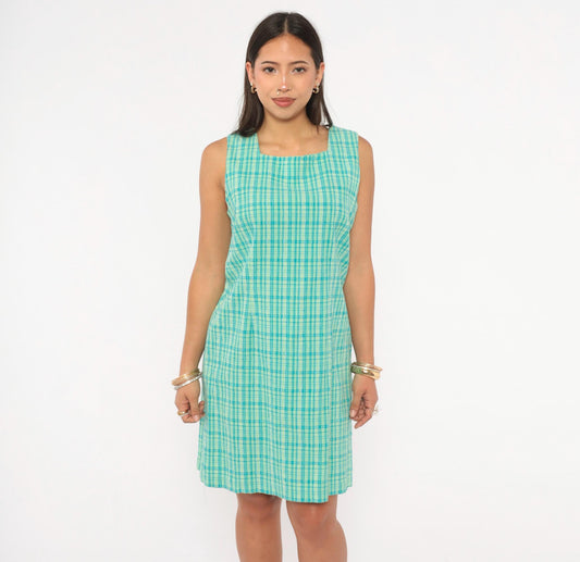 90s Elliott Lauren Plaid Shift Dress Aqua Green Check Square Neck Large L