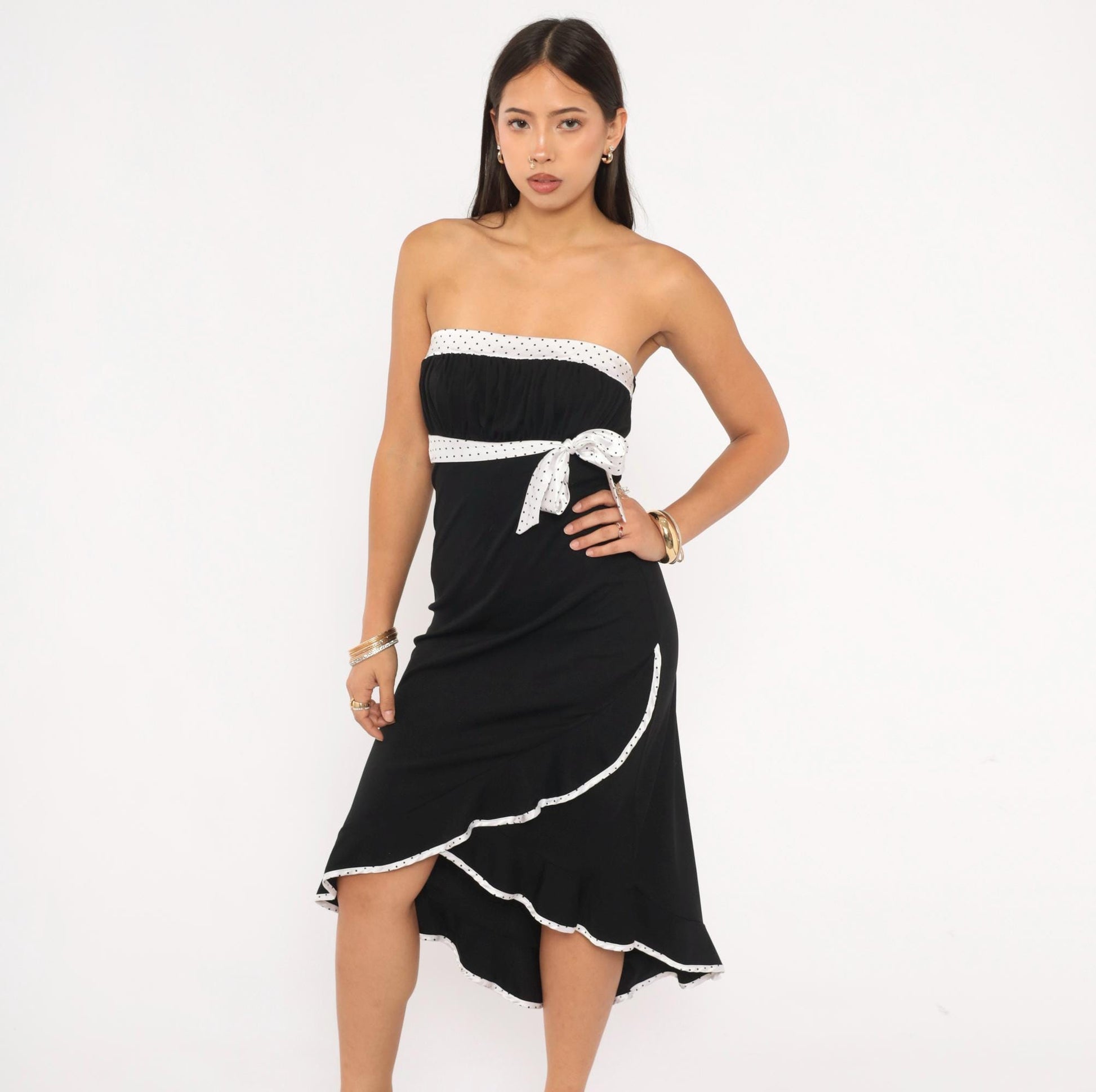 2000s Trixxi Black White Polka Dot Strapless Dress Ruffle Hem Medium M