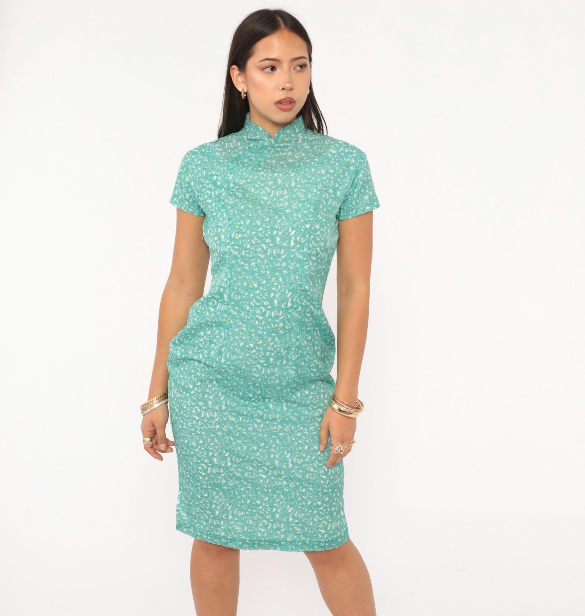 70s Cheongsam Dress Teal Floral Print Mandarin Collar Qipao Fitted Knee XS