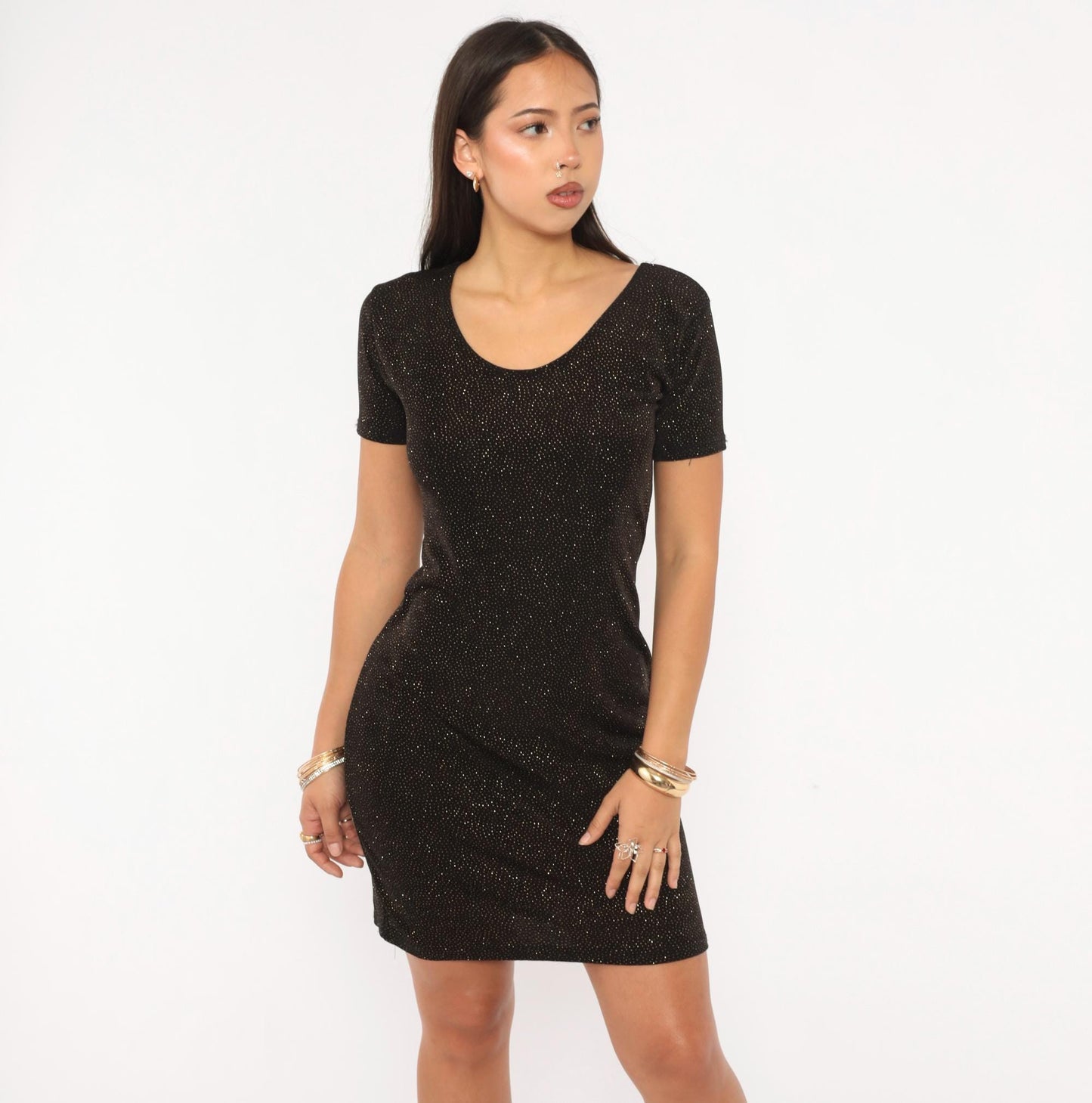 90s Novel-Tee Gold Glitter Black Bodycon Mini Dress Short Sleeve Large L