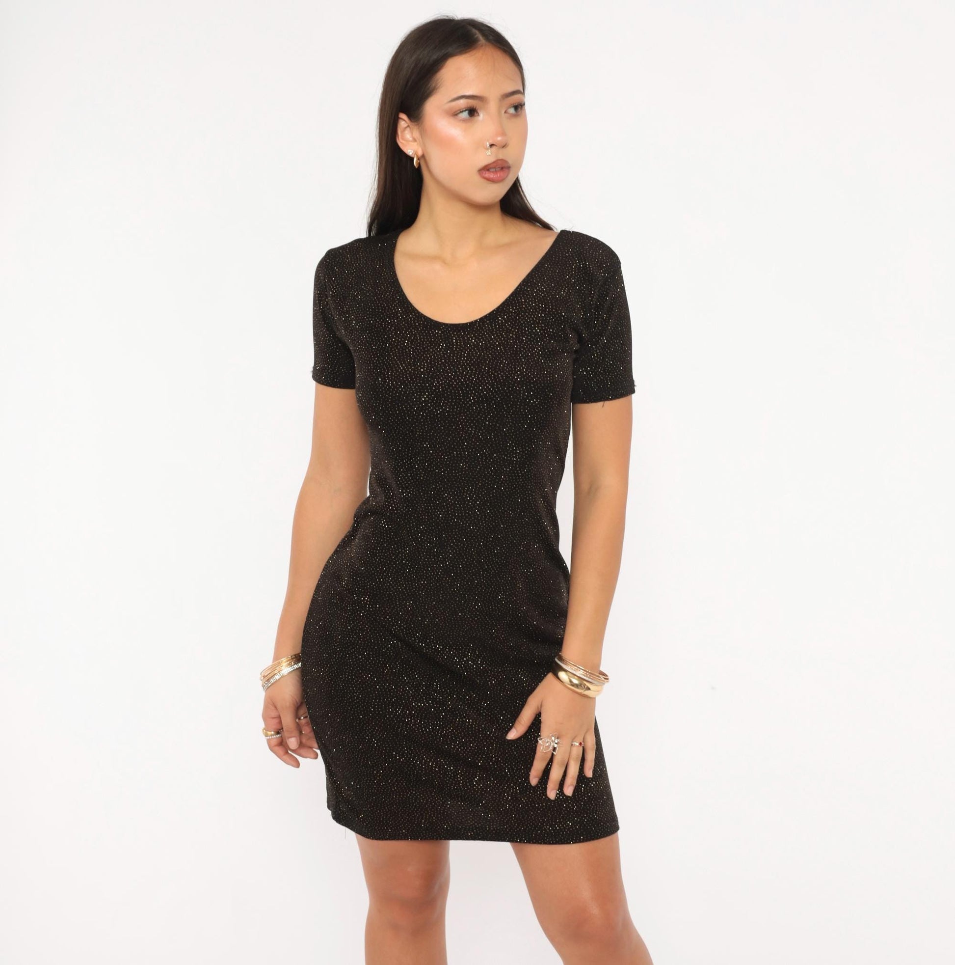 90s Novel-Tee Gold Glitter Black Bodycon Mini Dress Short Sleeve Large L