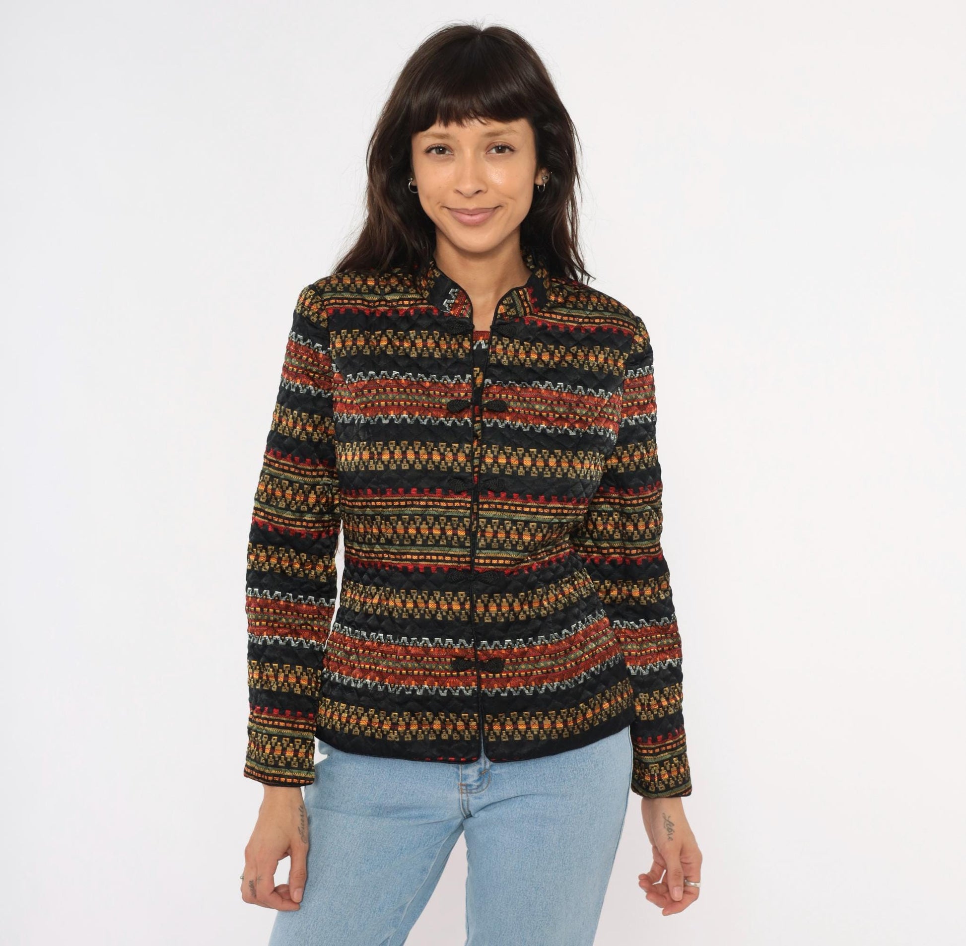 90s Juno Esque Quilted Jacket Mandarin Collar Tribal Stripe Black Gold Red Small