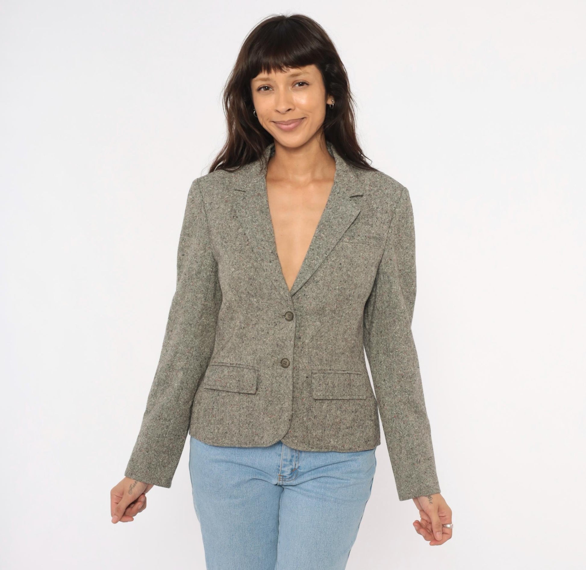 80s Pendleton Tweed Blazer Grey Wool Notched Lapel Fitted Small S
