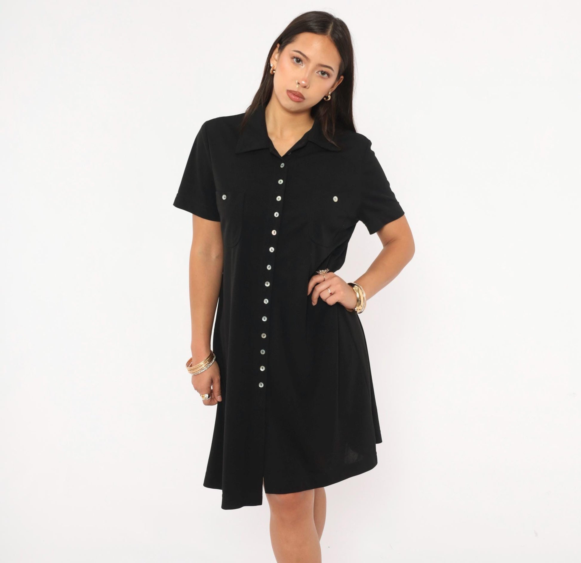 90s Jessica Howard Black Shirt Dress Button Front Collar Knee-Length Medium M