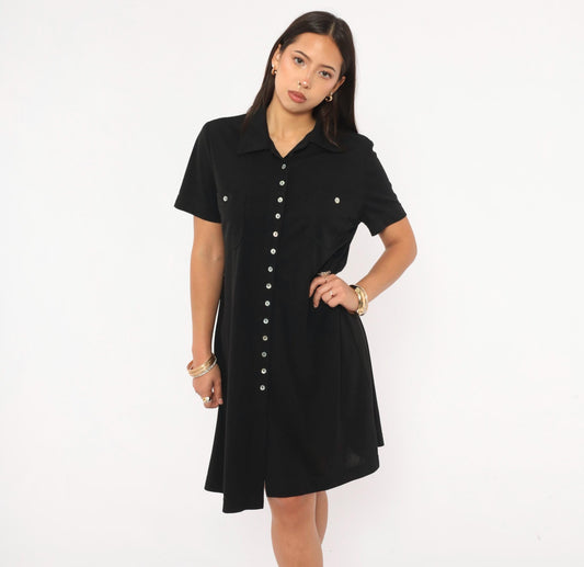 90s Jessica Howard Black Shirt Dress Button Front Collar Knee-Length Medium M