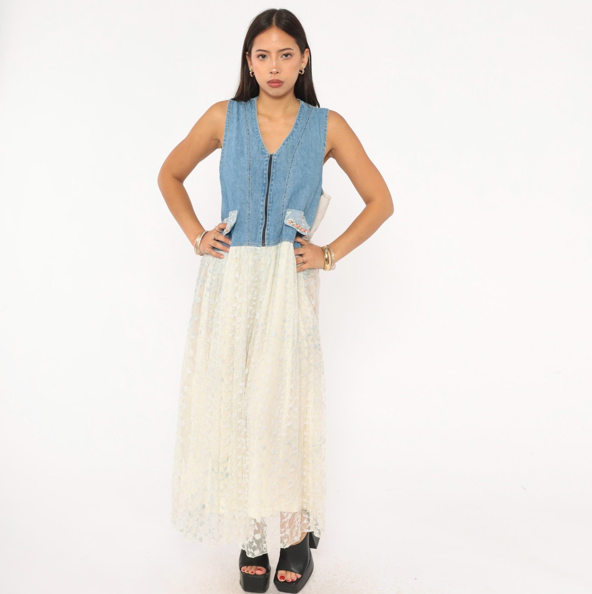 90s Modelle Designs Denim Lace Maxi Dress Sleeveless V Neck Floral Embroidered Cream Large L