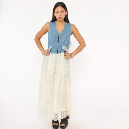 90s Modelle Designs Denim Lace Maxi Dress Sleeveless V Neck Floral Embroidered Cream Large L