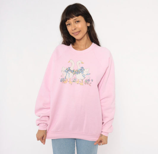 90s Pink Geese Crewneck Sweatshirt Raglan Sleeve Floral Graphic Cotton Large L