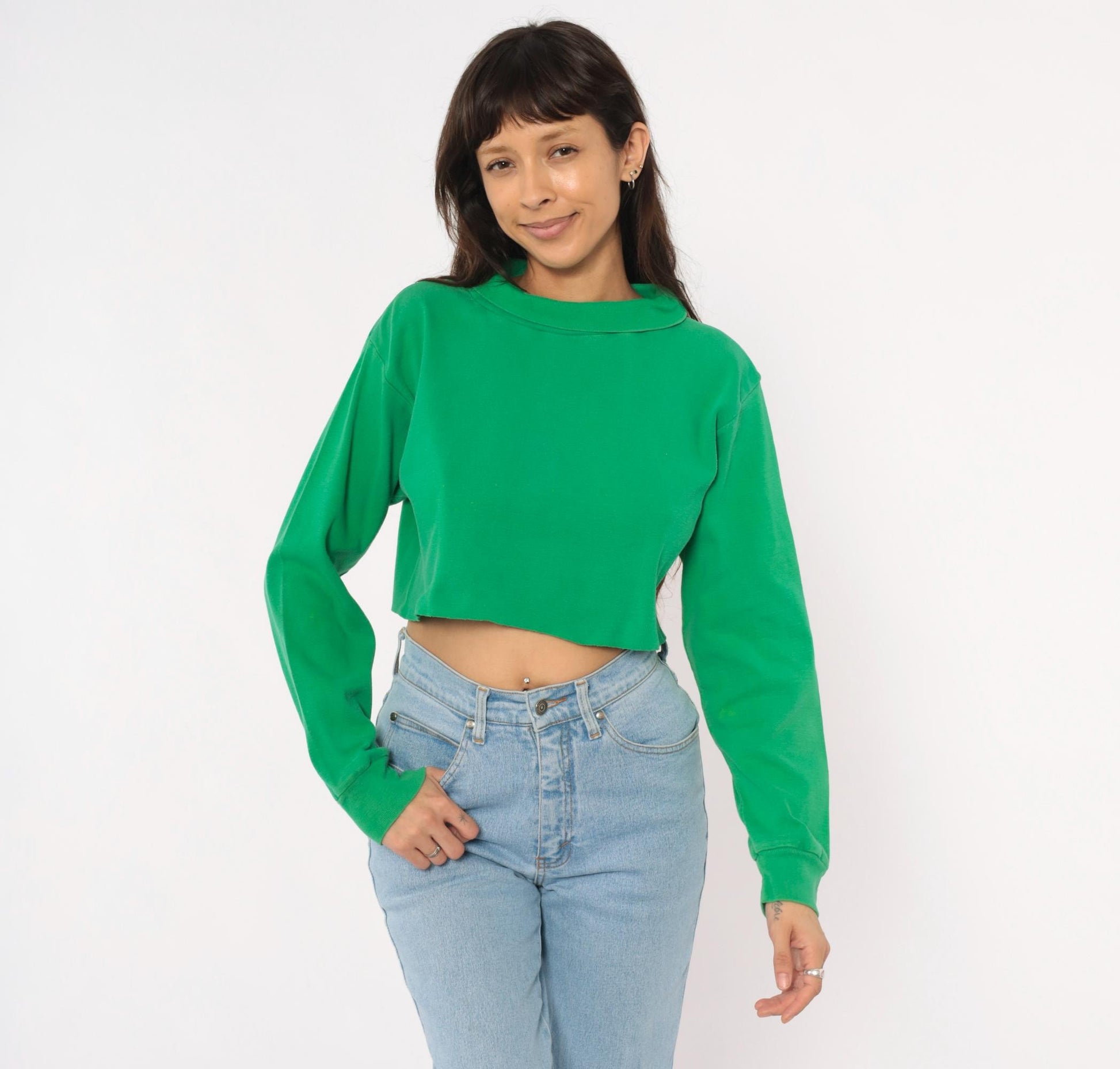 70s Flight Deck Crew Cropped Sweatshirt Kelly Green Cotton Pullover Medium