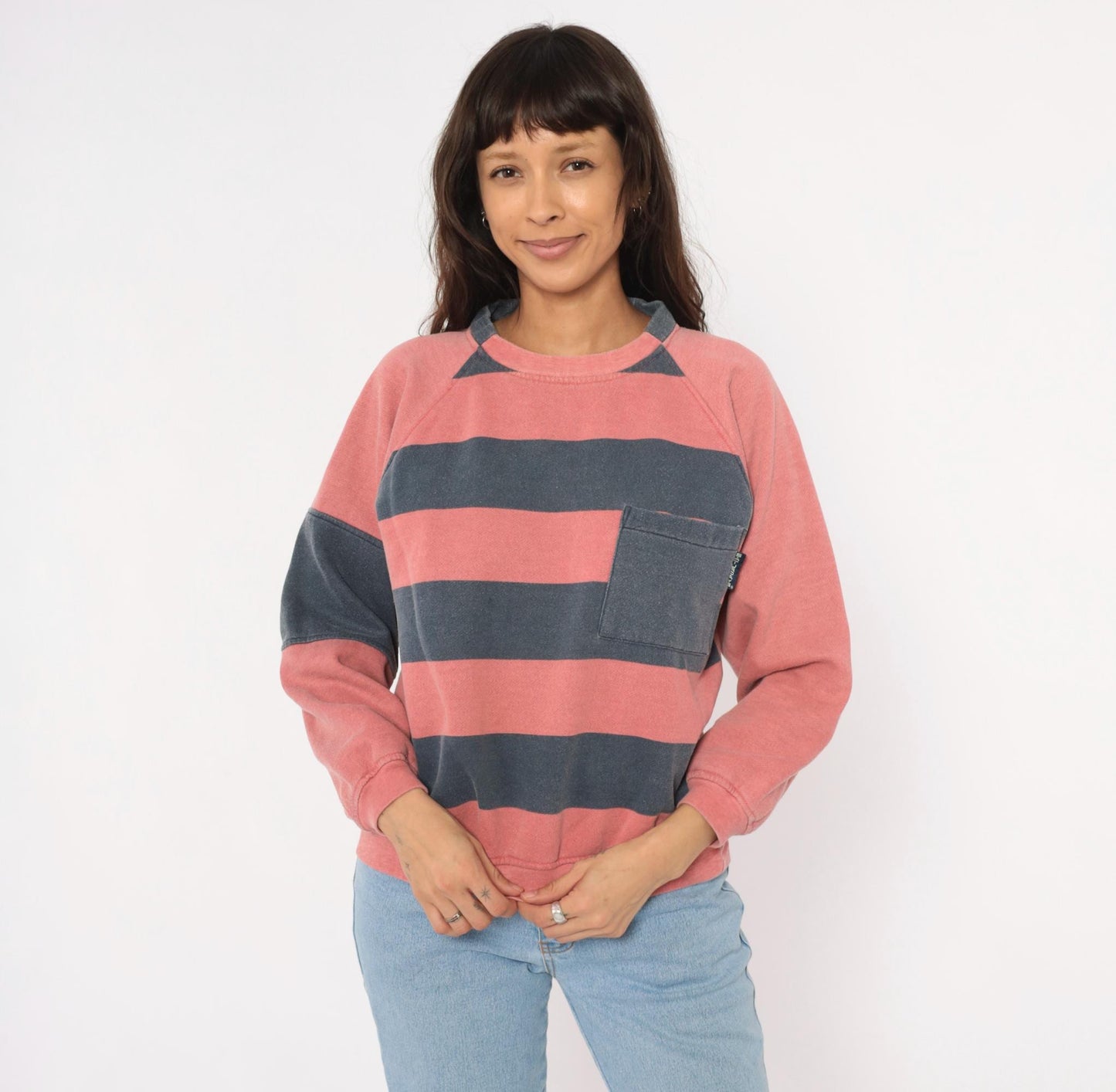 90s Saturdays Pink Navy Striped Rugby Sweatshirt Raglan Sleeve Medium