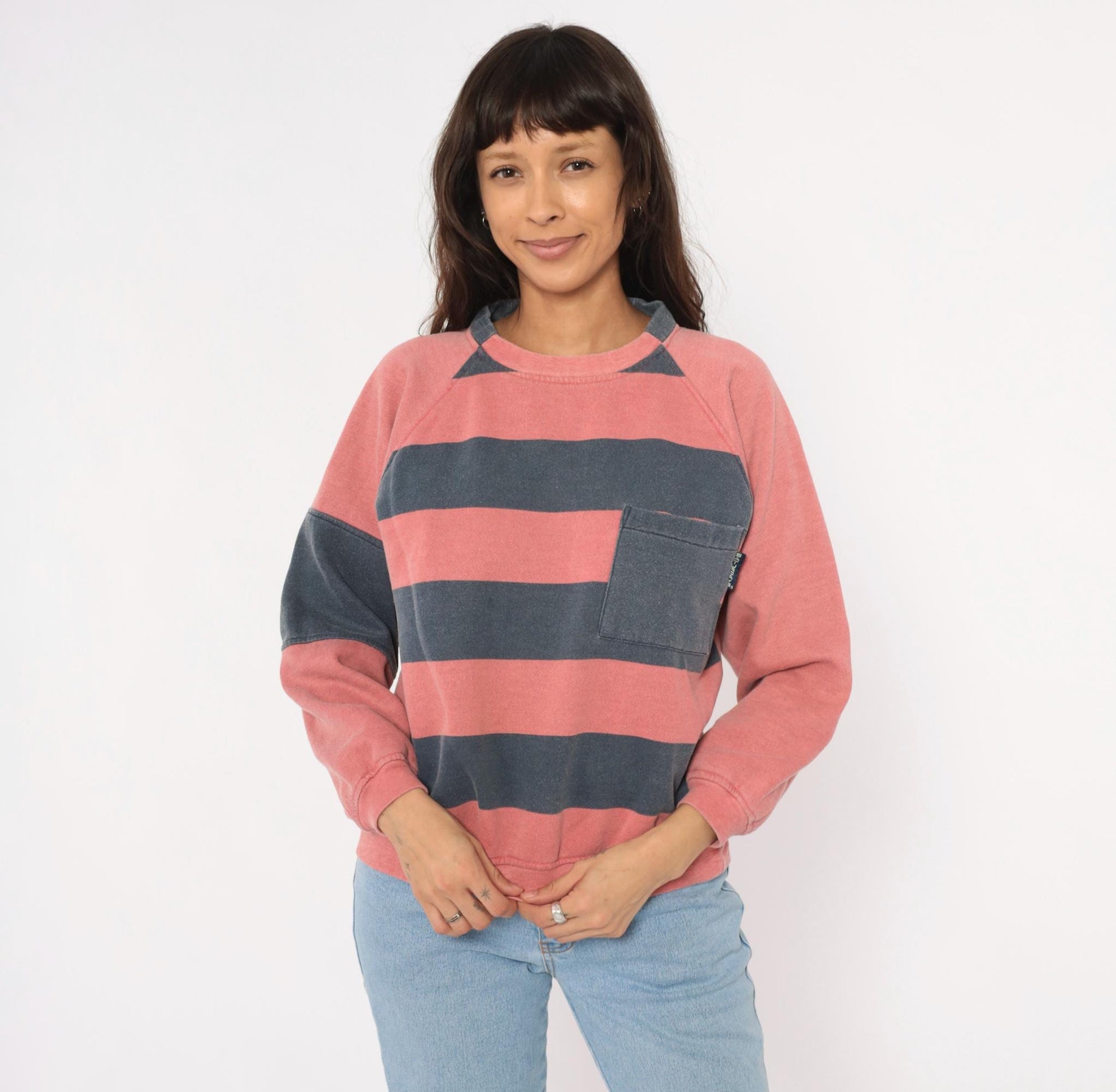90s Saturdays Pink Navy Striped Rugby Sweatshirt Raglan Sleeve Medium