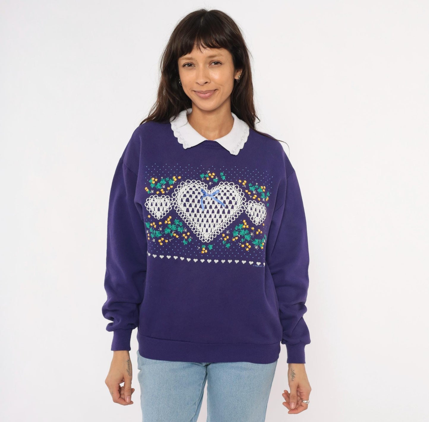 90s PegiGoff Purple Sweatshirt Peter Pan Collar Lace Heart Floral Medium M