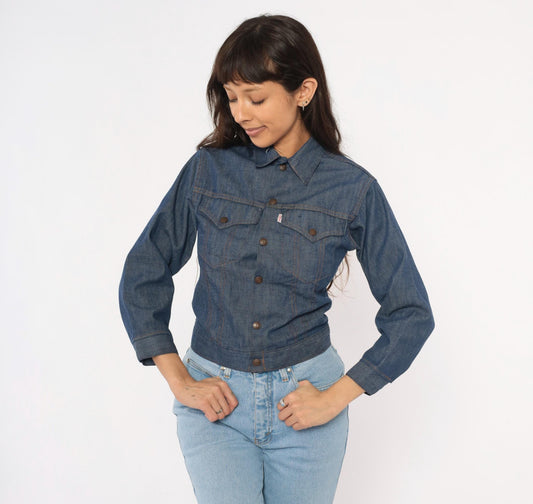 80s Levi's Denim Trucker Jacket Dark Indigo Snap Button Cropped Extra Small XS
