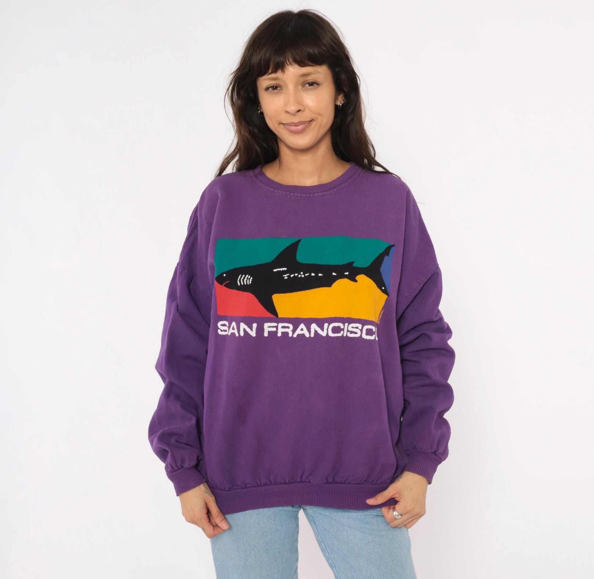 90s Crazy Shirt San Francisco Shark Colorblock Sweatshirt Purple Medium