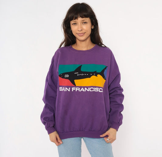 90s Crazy Shirt San Francisco Shark Colorblock Sweatshirt Purple Medium