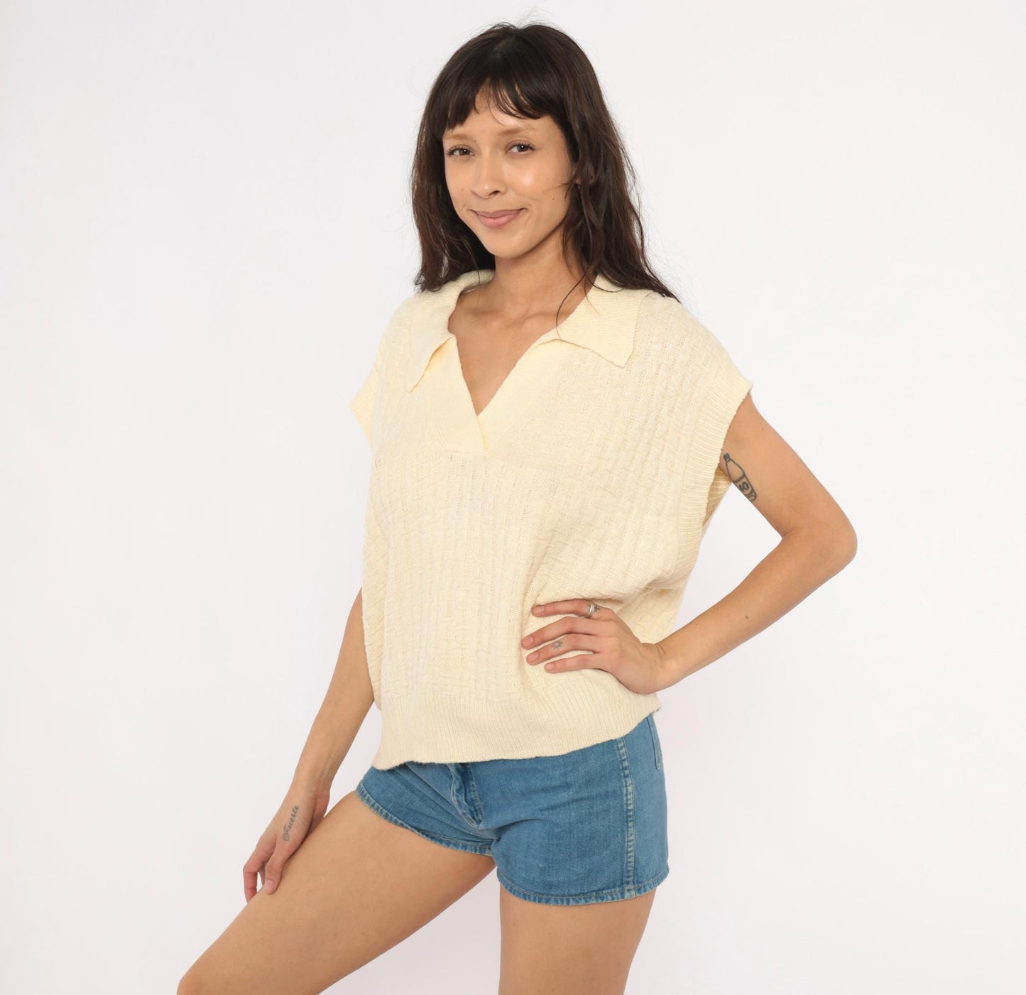 70s Cream Knit Polo Sweater Cap Sleeve V-Neck Collared Pullover Extra Large XL
