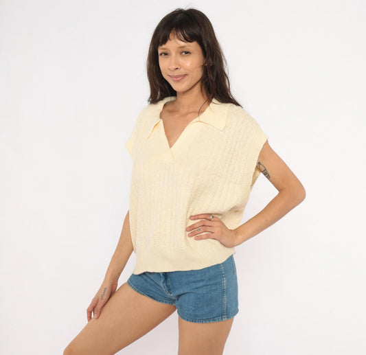 70s Cream Knit Polo Sweater Cap Sleeve V-Neck Collared Pullover Extra Large XL
