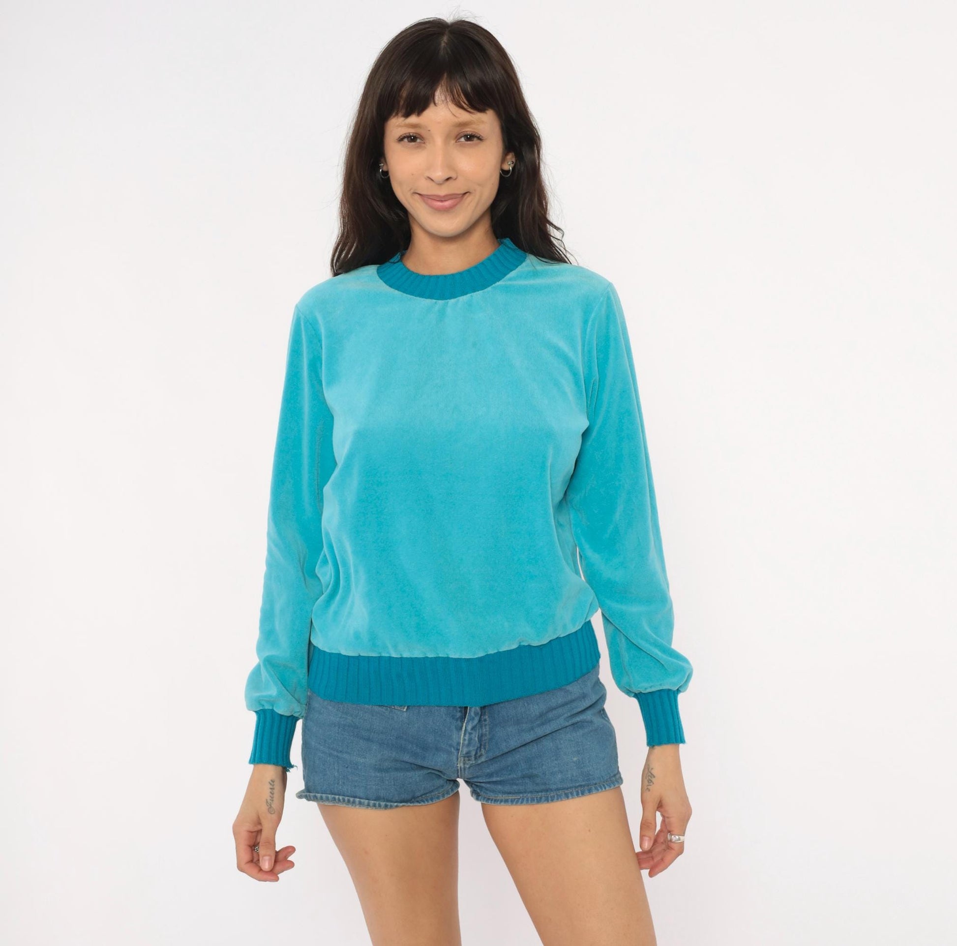 80s Sears Velour Crewneck Sweatshirt Teal Aqua Ribbed Trim Small
