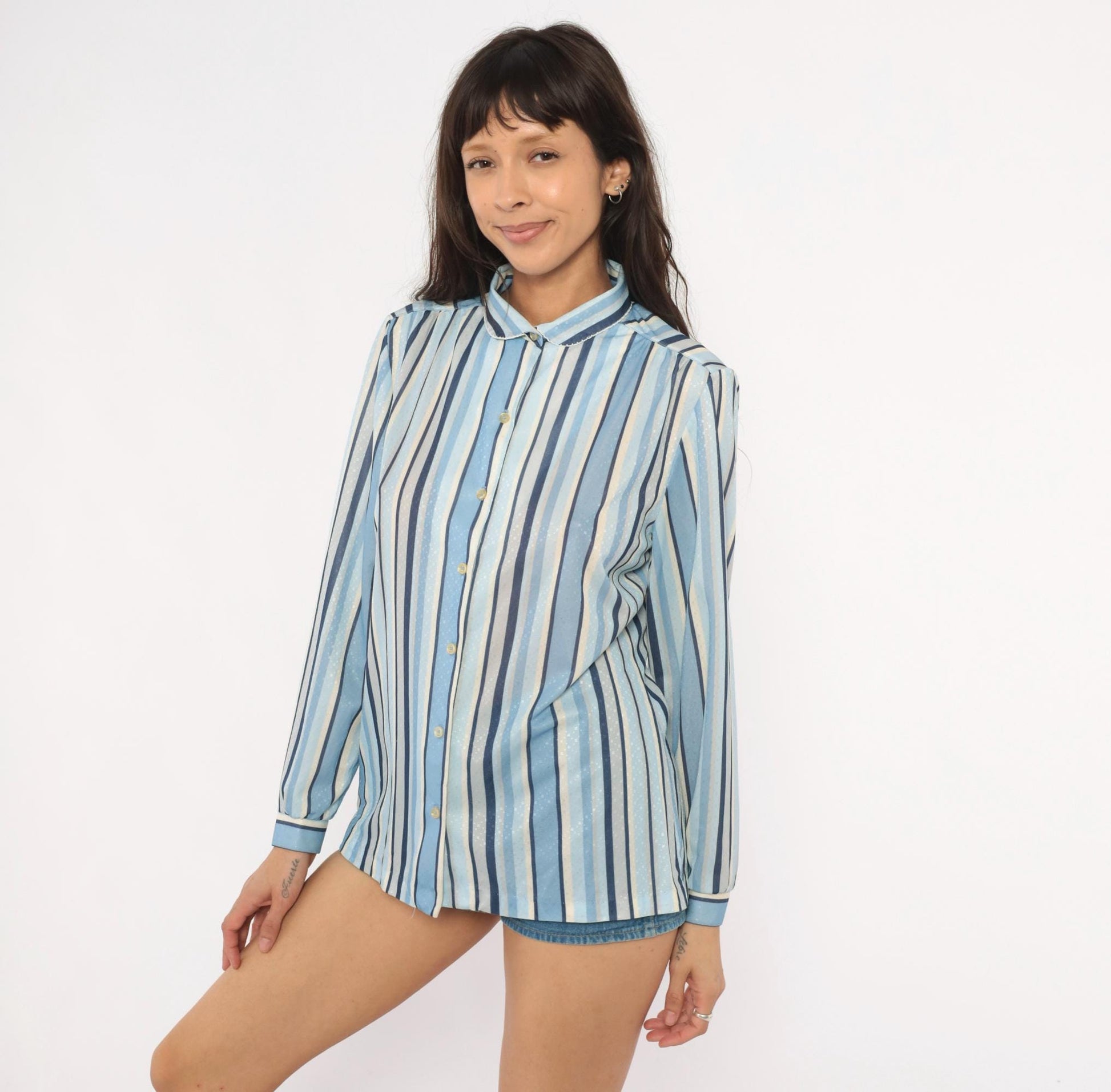 70s Queen Casuals Striped Button Blouse Peter Pan Collar Navy Cream Medium M