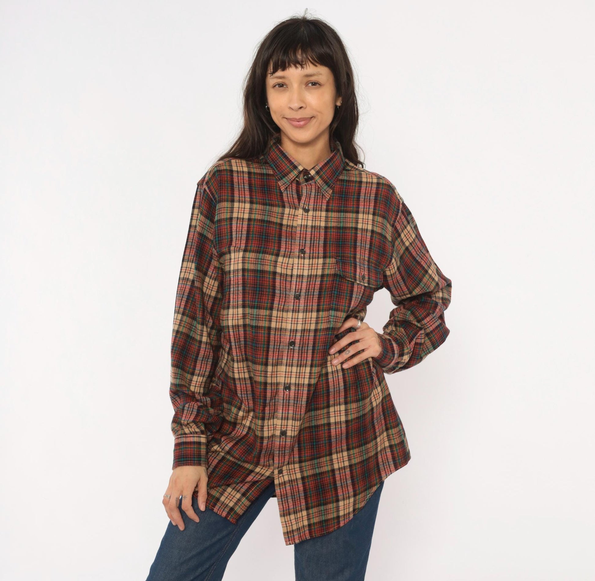 90s Enro Sportswear Plaid Flannel Shirt Burgundy Green Tartan Button-Up Large Tall
