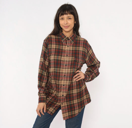 90s Enro Sportswear Plaid Flannel Shirt Burgundy Green Tartan Button-Up Large Tall