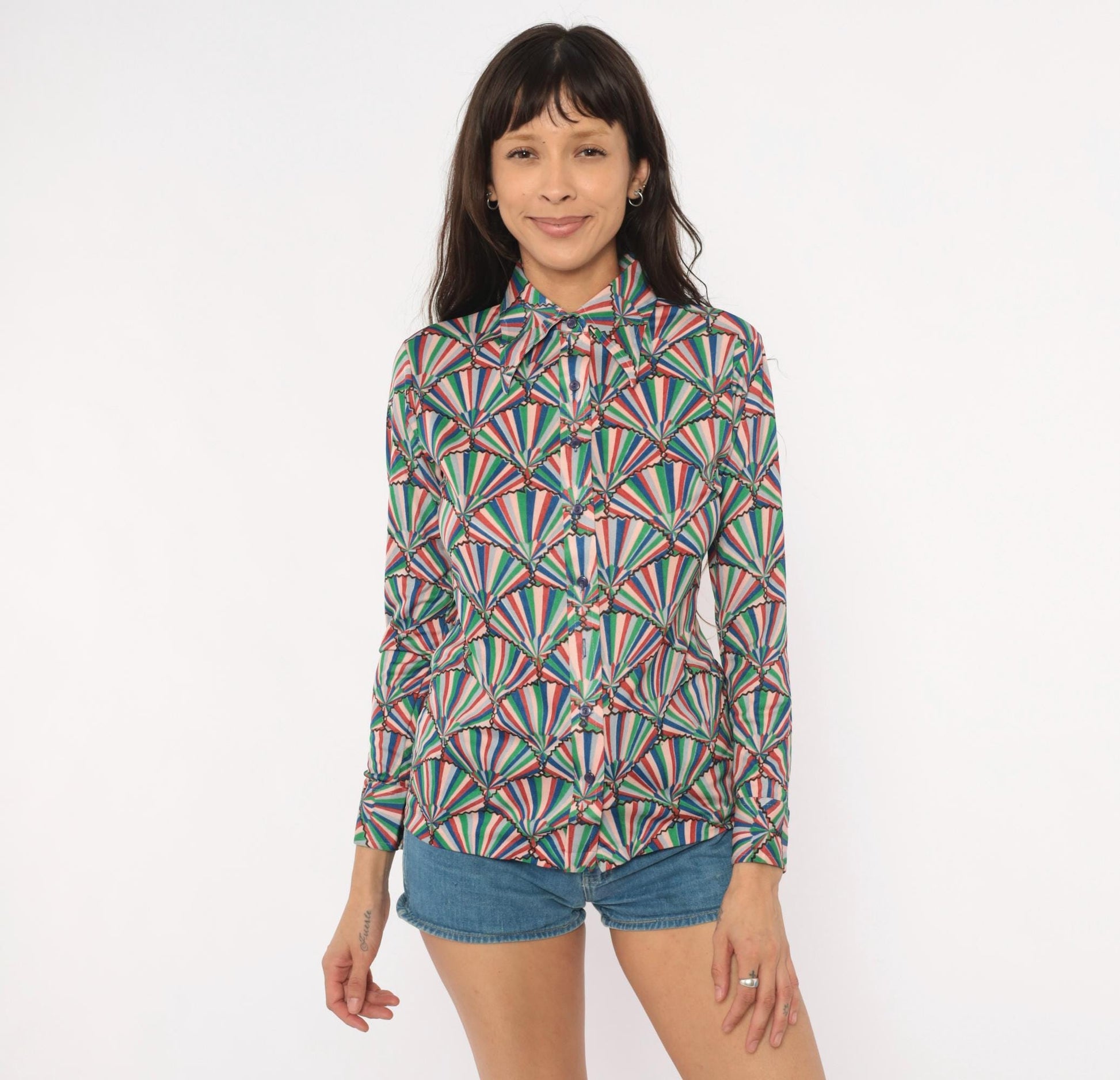 70s Helen Sue Fan Print Shirt Geometric Button Front Pointed Collar Small
