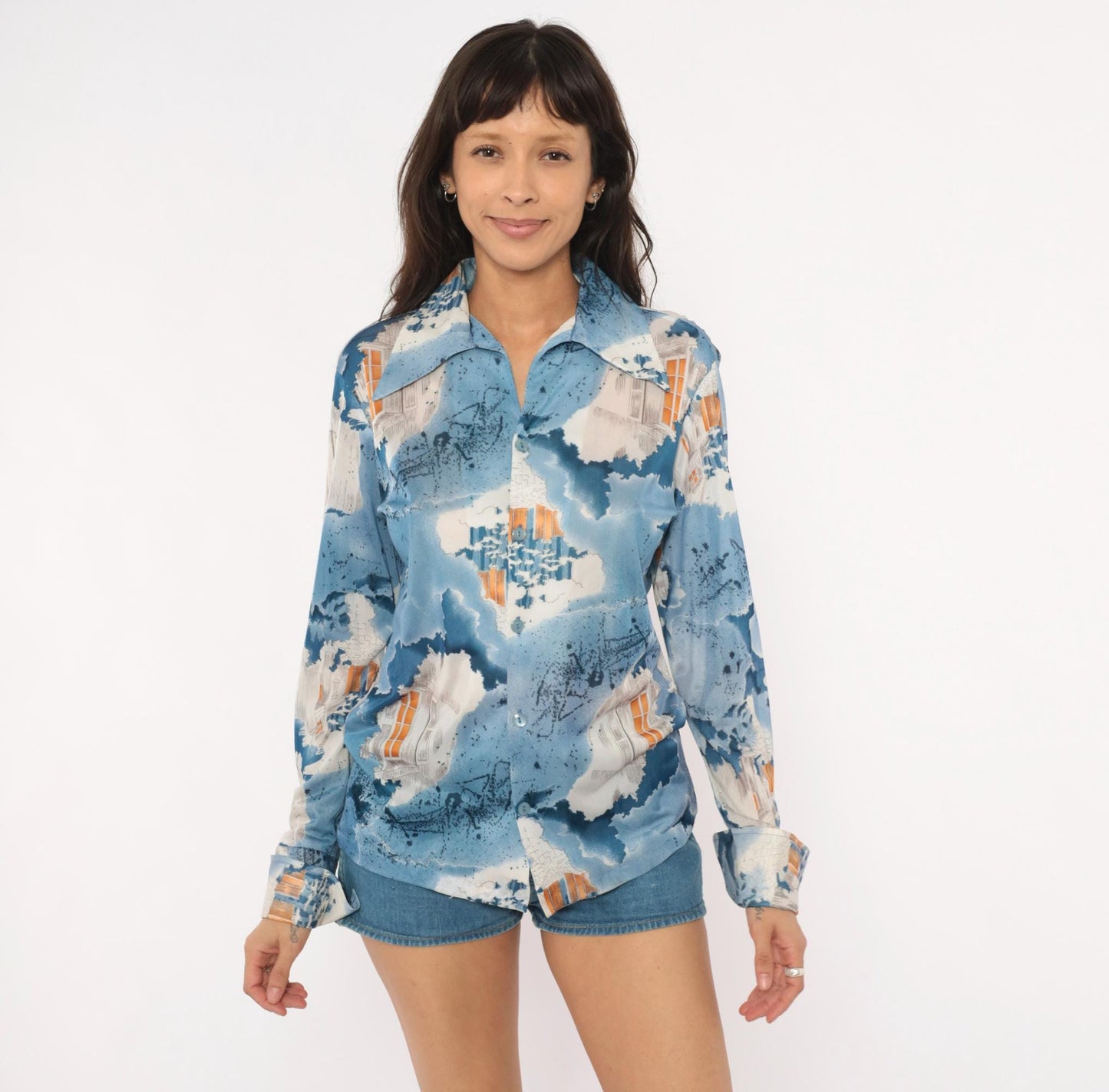 70s Triumph of California Architectural Print Shirt Blue Pointed Collar Medium