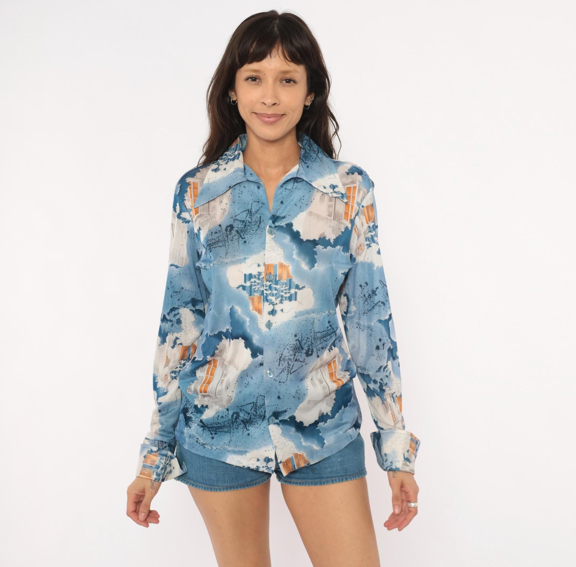 70s Triumph of California Architectural Print Shirt Blue Pointed Collar Medium