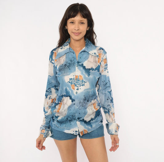 70s Triumph of California Architectural Print Shirt Blue Pointed Collar Medium
