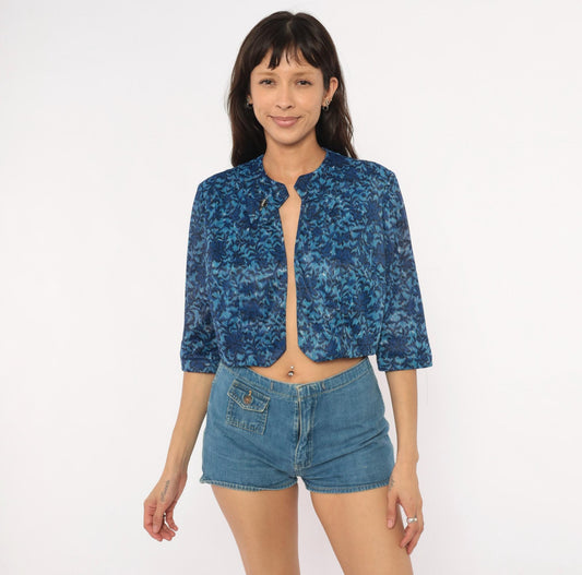 60s Cobalt Jacquard Bolero Jacket Floral Damask Three Quarter Sleeve Medium M