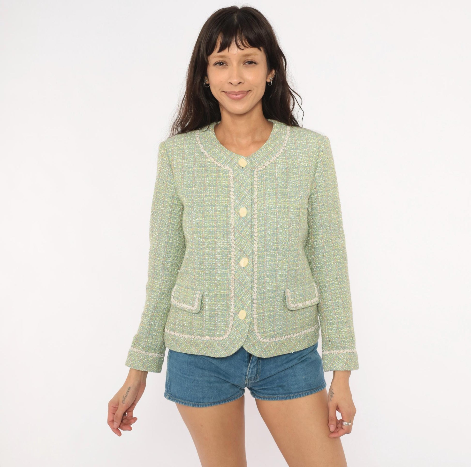 2000s Henry Lee Sage Tweed Blazer Collarless V-Neck Boucle Small S