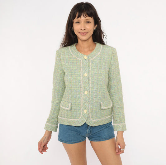 2000s Henry Lee Sage Tweed Blazer Collarless V-Neck Boucle Small S
