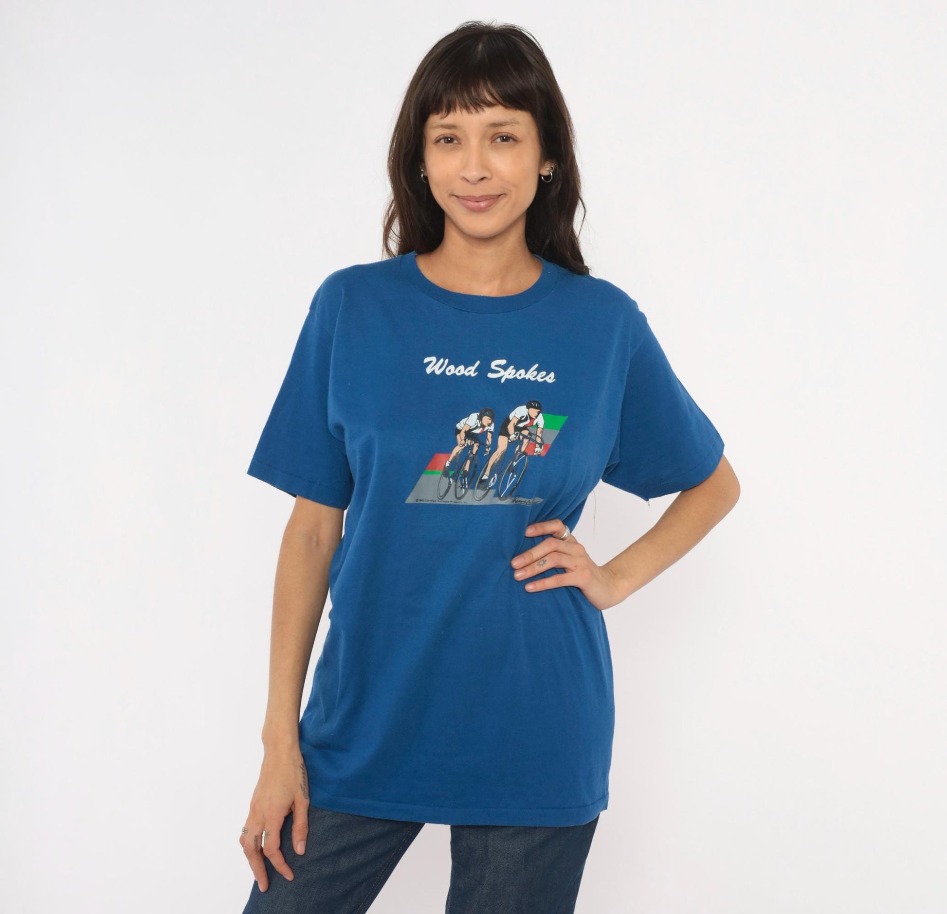 80s Jerzees Wood Spokes Cycling Graphic Tee Blue Crew Neck Large L