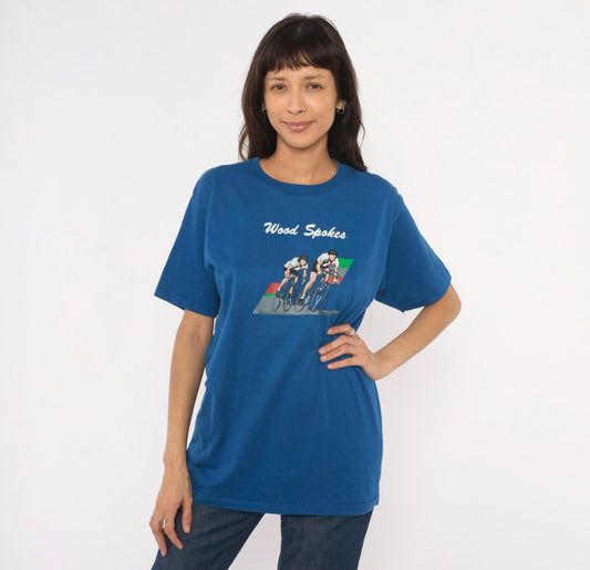 80s Jerzees Wood Spokes Cycling Graphic Tee Blue Crew Neck Large L