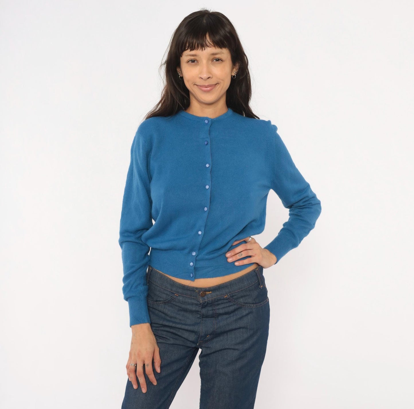60s Joyce Lane Blue Cardigan Knit Sweater Cropped Ribbed Small S