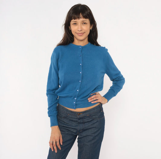 60s Joyce Lane Blue Cardigan Knit Sweater Cropped Ribbed Small S