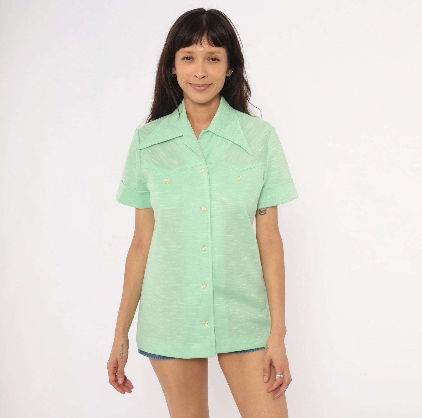 70s West Coast Fashions Mint Green Western Yoke Shirt Cuffed Sleeve Large L