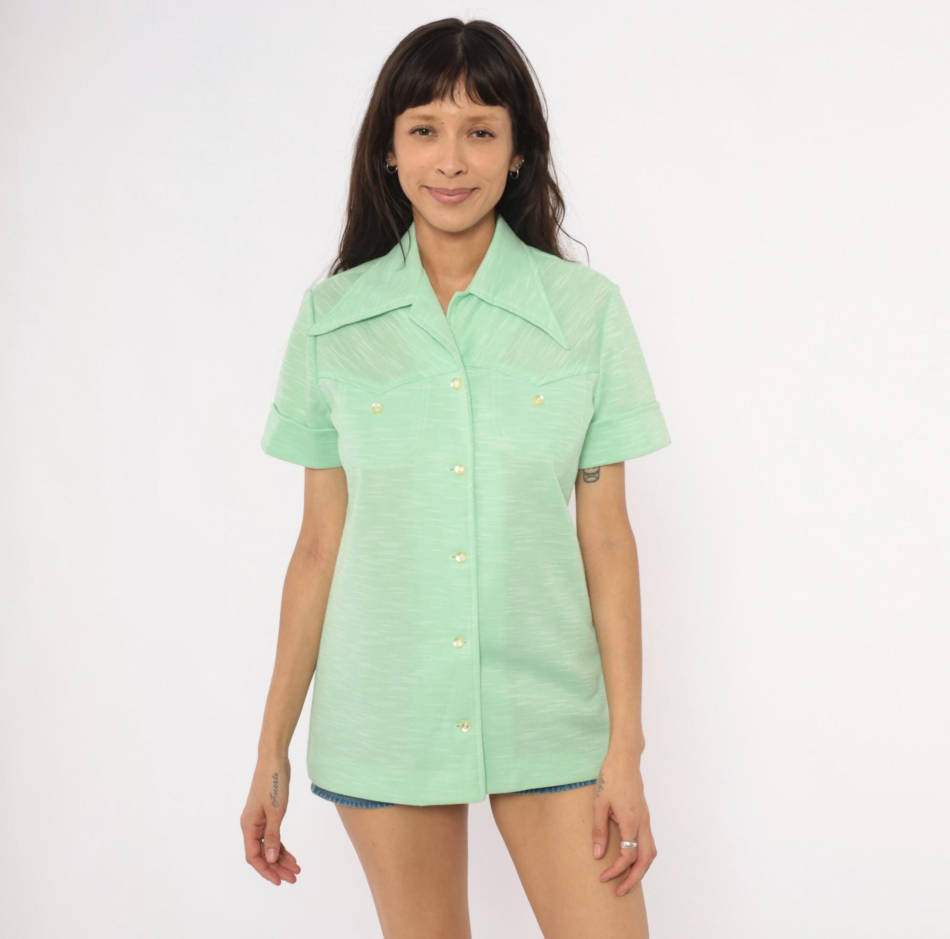 70s West Coast Fashions Mint Green Western Yoke Shirt Cuffed Sleeve Large L