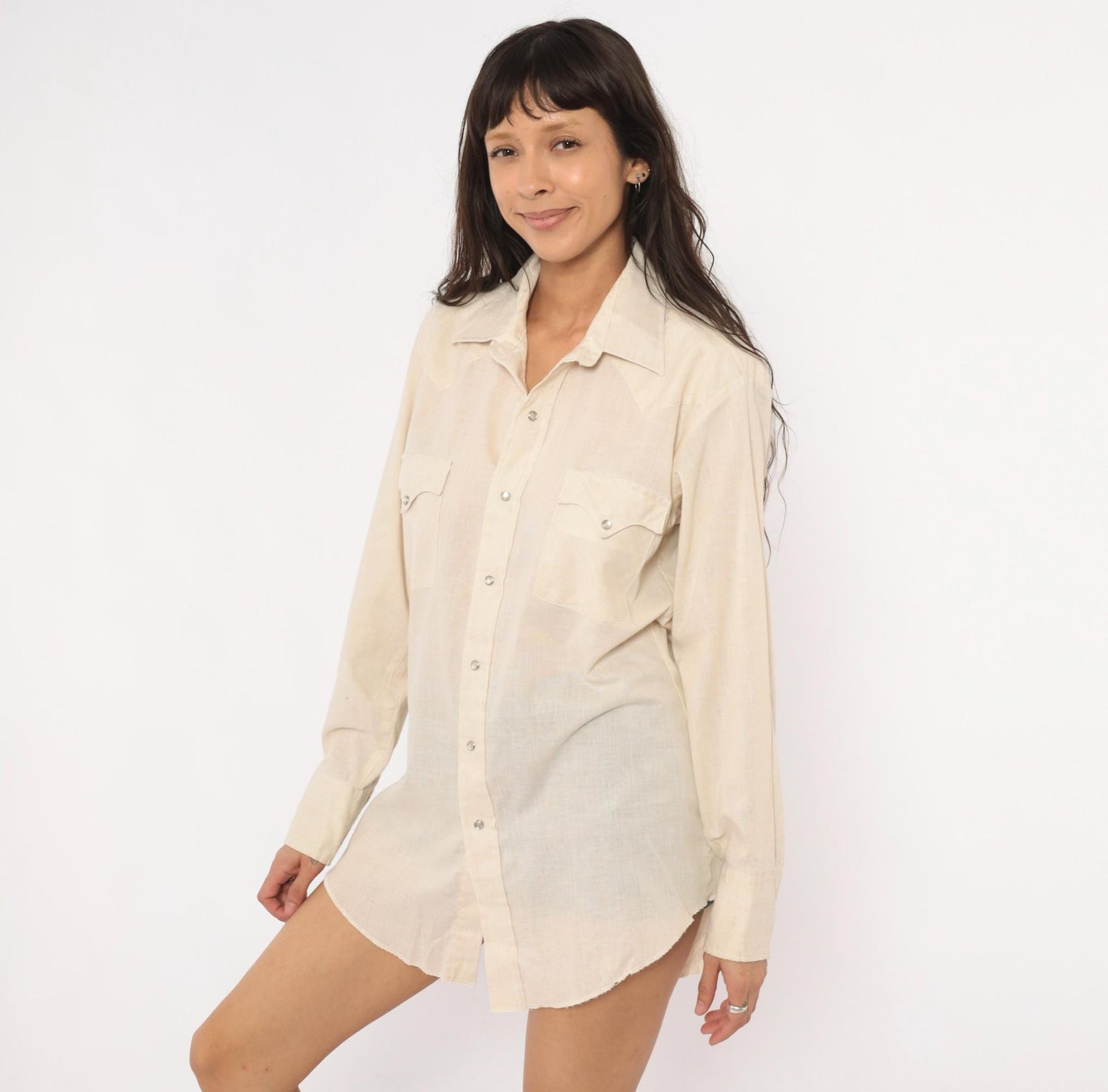 80s Karman Western Shirt Cream Pearl Snap Button Pointed Collar Mens Medium