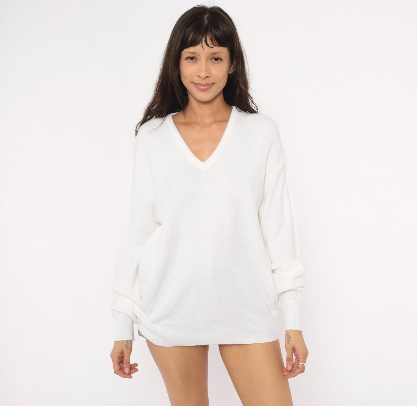 80s Jantzen V-Neck Pullover Sweater Ivory Knit Dropped Shoulder Extra Large