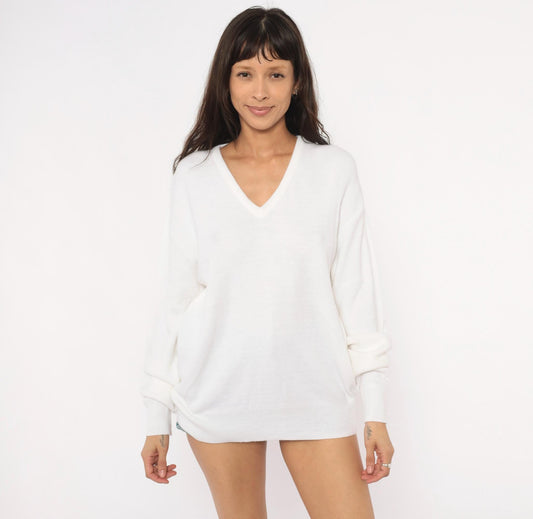 80s Jantzen V-Neck Pullover Sweater Ivory Knit Dropped Shoulder Extra Large