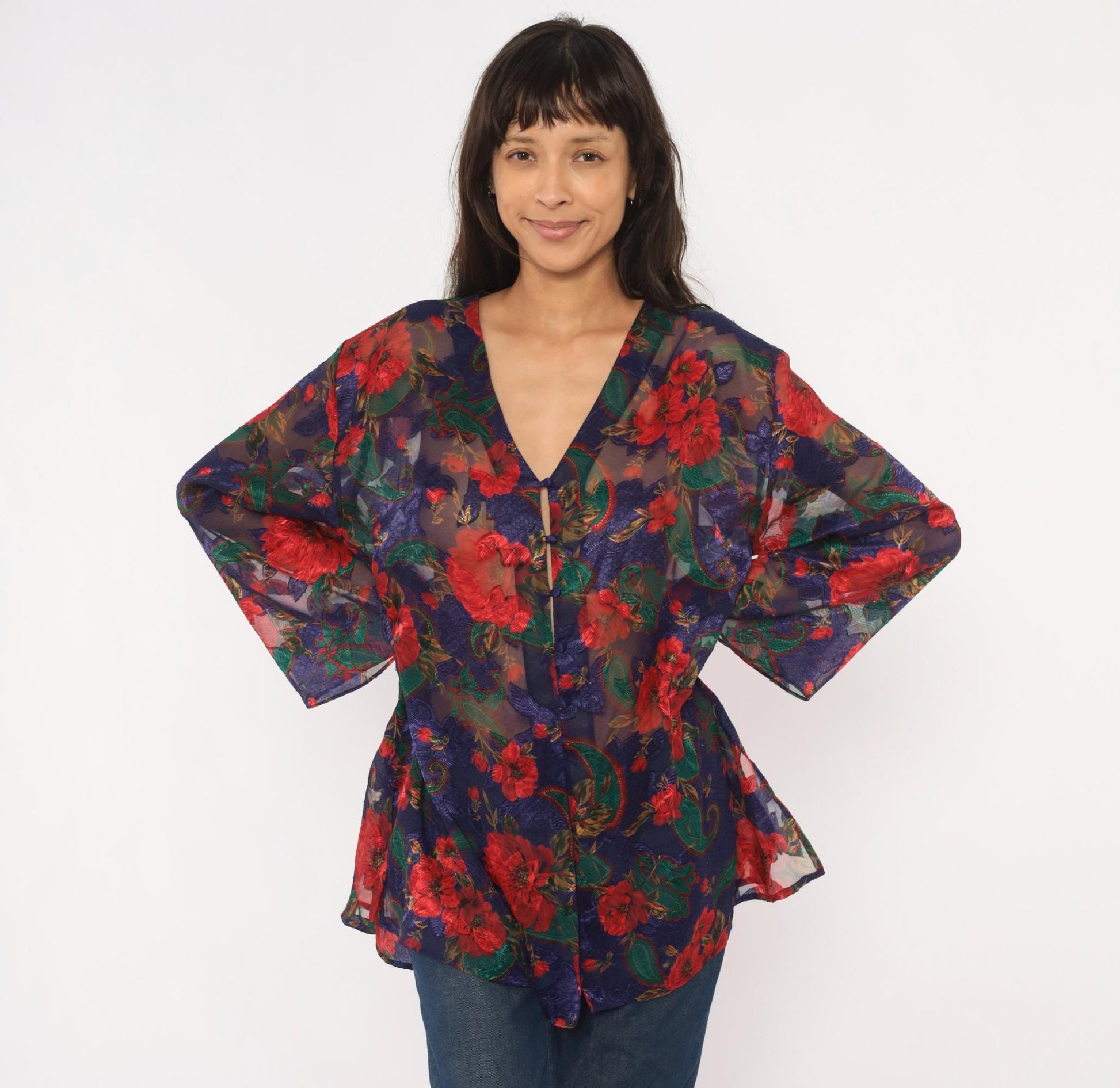90s Victoria's Secret Sheer Kimono Robe Navy Floral Rose Print Small