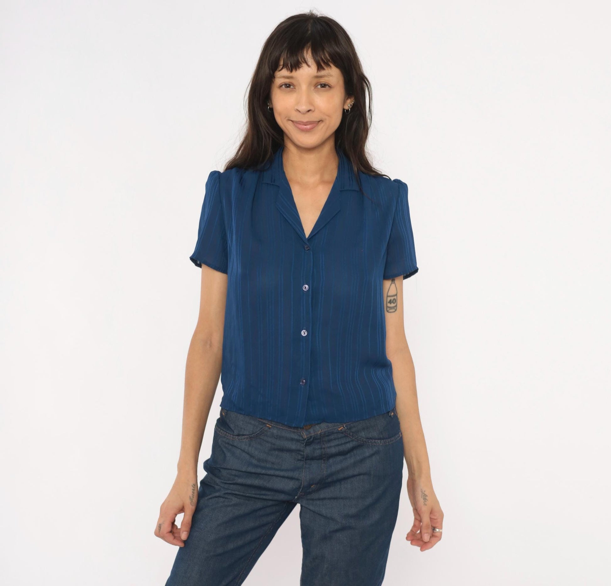 80s Shana Navy Striped Button Blouse Puff Shoulder V Neck Small