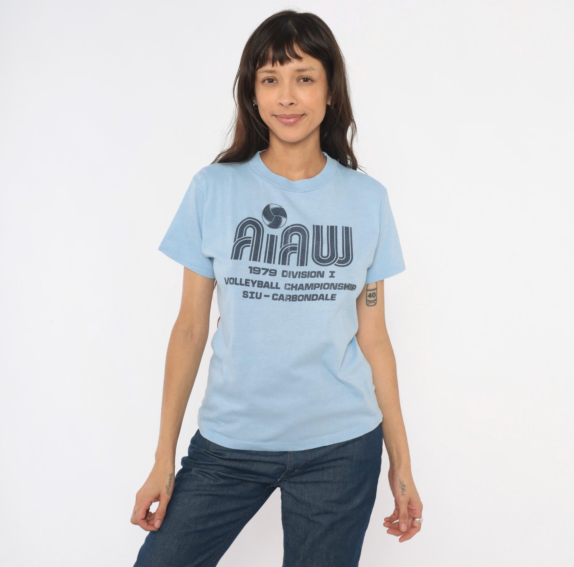 70s SIU Carbondale Volleyball Championship Graphic Tee Light Blue Small