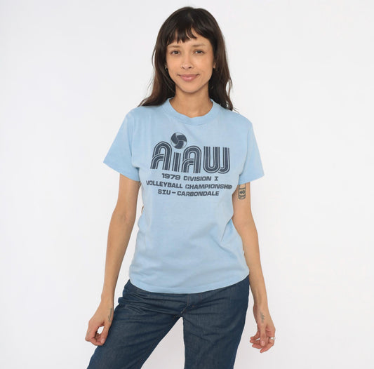70s SIU Carbondale Volleyball Championship Graphic Tee Light Blue Small