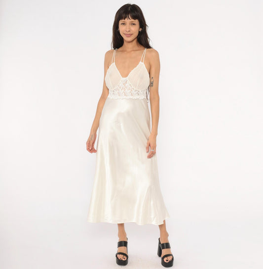 90s Just Flora Cream Satin Slip Dress Midi Lace Pleated Bust V Neck Large L