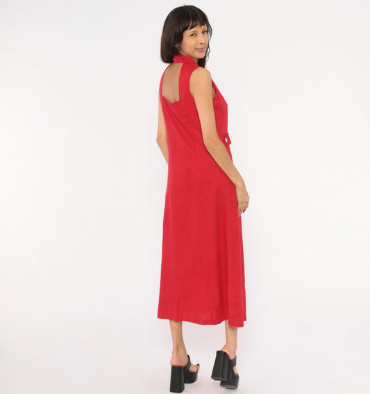 90s Ultra Dress Red Linen Button-Front Maxi Shirtdress Small S
